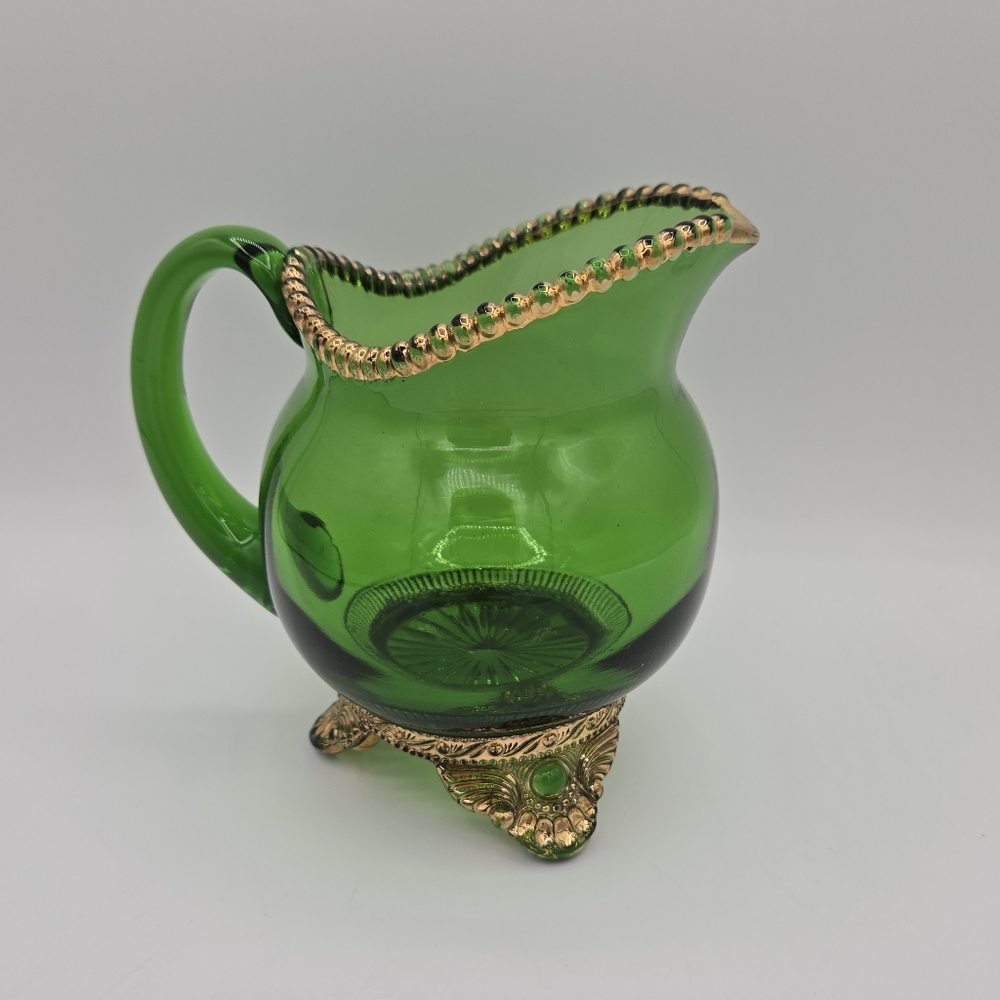 Vintage EAPG‎ US Glass Green Colorado Lacy Medallion Footed Creamer Collectible